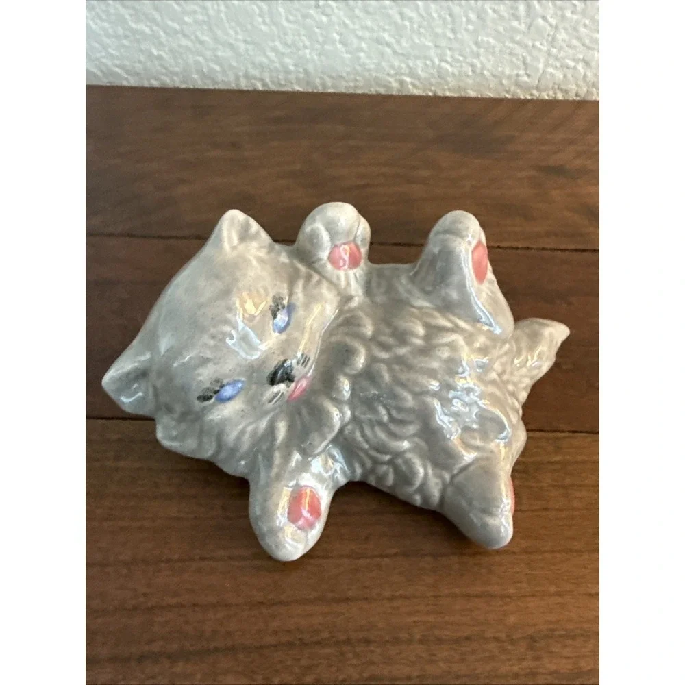 Vintage White Ceramic Persian Cat Pink Paws Blue Eyes Kitty Laying On Back